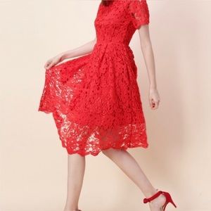 Chicwish red lace crochet pocket dress XS